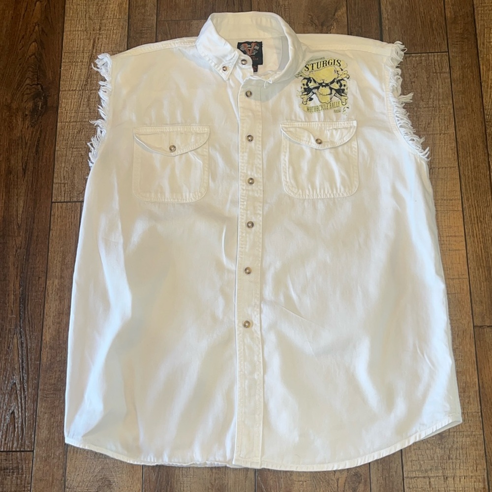 Vance Biker White Sleeveless Button-Up Shirt with Sturgis Logo